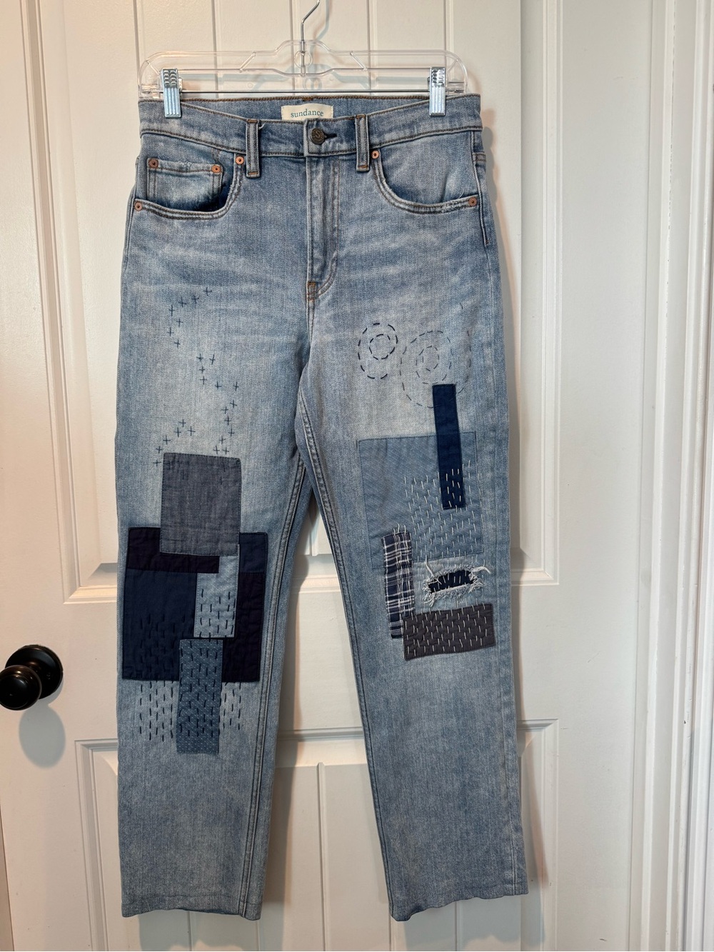 Sundance Light Wash Jeans with Navy Patchwork Embroidery Size 26